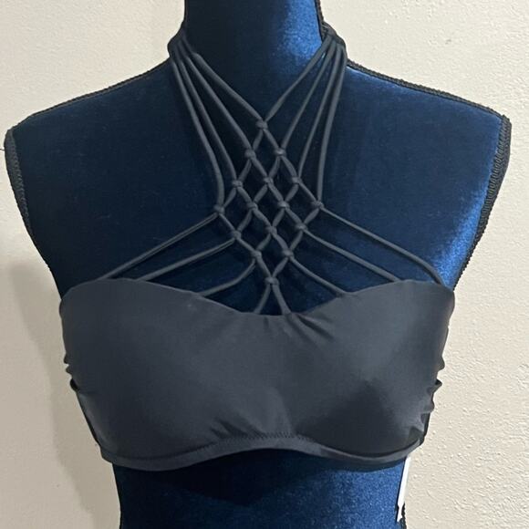 Volcom Simply Solid Braided High Neck Bandeau Bikini Top Black Sz Medium NWT - Picture 3 of 11